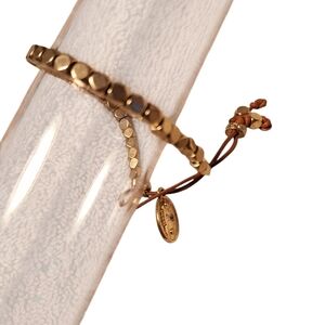 Fossil Gold Toned Beaded Adjustable Tie Bracelet Stretchy Preppy Keyhole Accents
